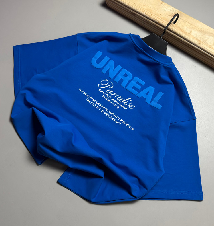 تیشرت باکسی مدل UNREAL رنگ آبی شالی کد 251