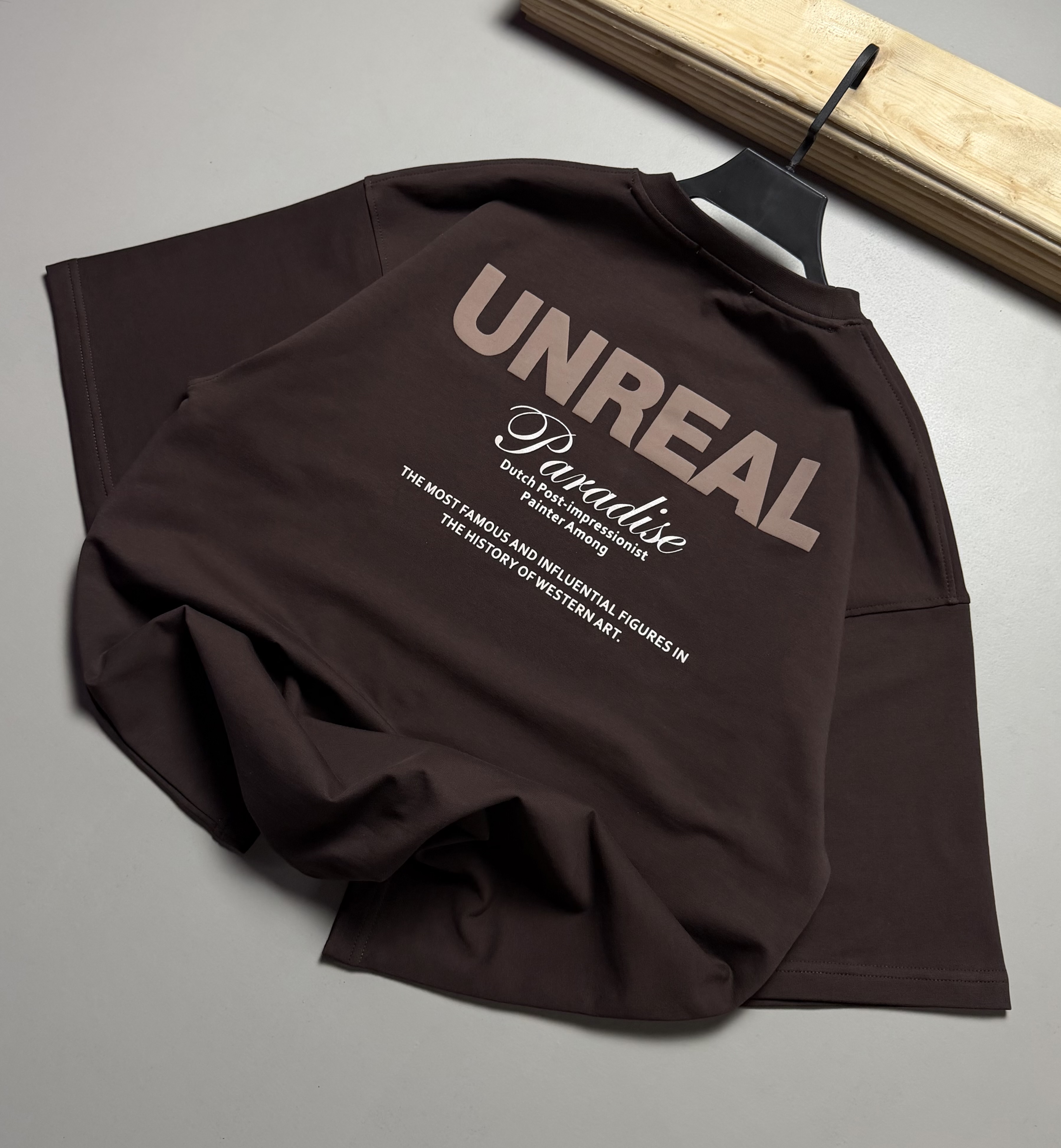 تیشرت باکسی مدل UNREAL رنگ قهوه اي موكا کد 251