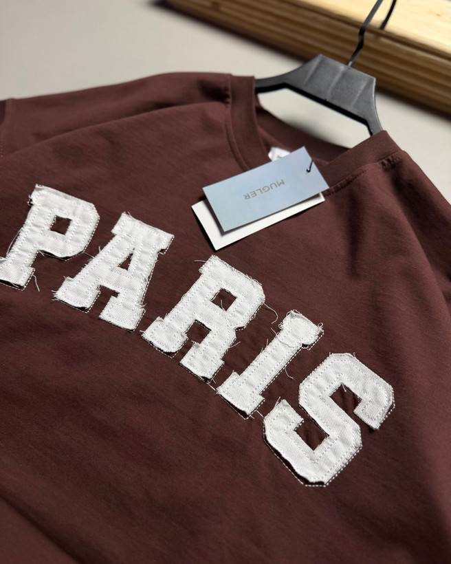 تیشرت قواره باکسی مدل تکه دوزی PARIS رنگ قهوه ای موکا کد 832