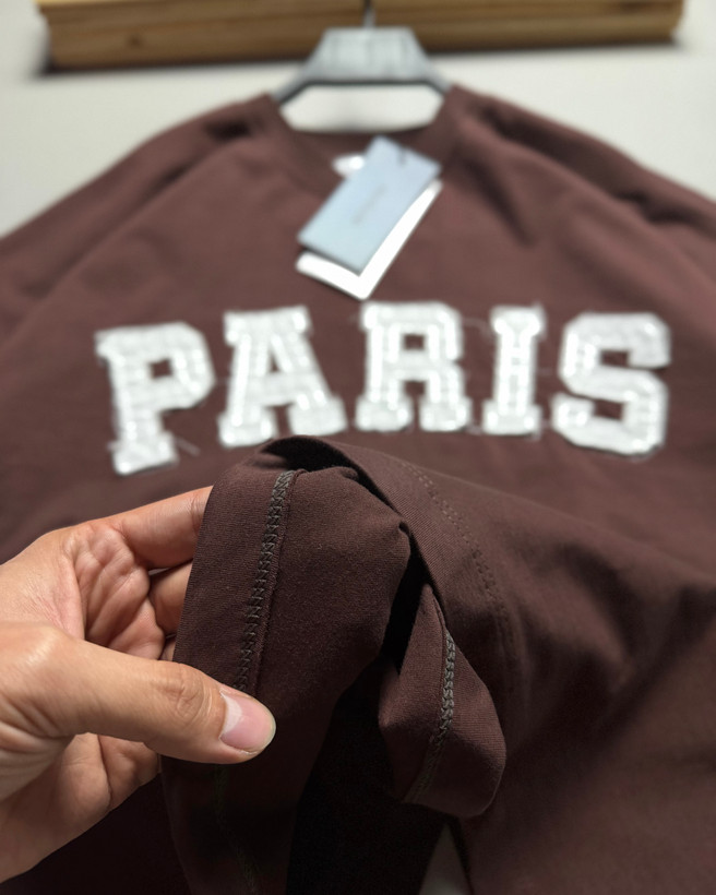 تیشرت قواره باکسی مدل تکه دوزی PARIS رنگ قهوه ای موکا کد 832