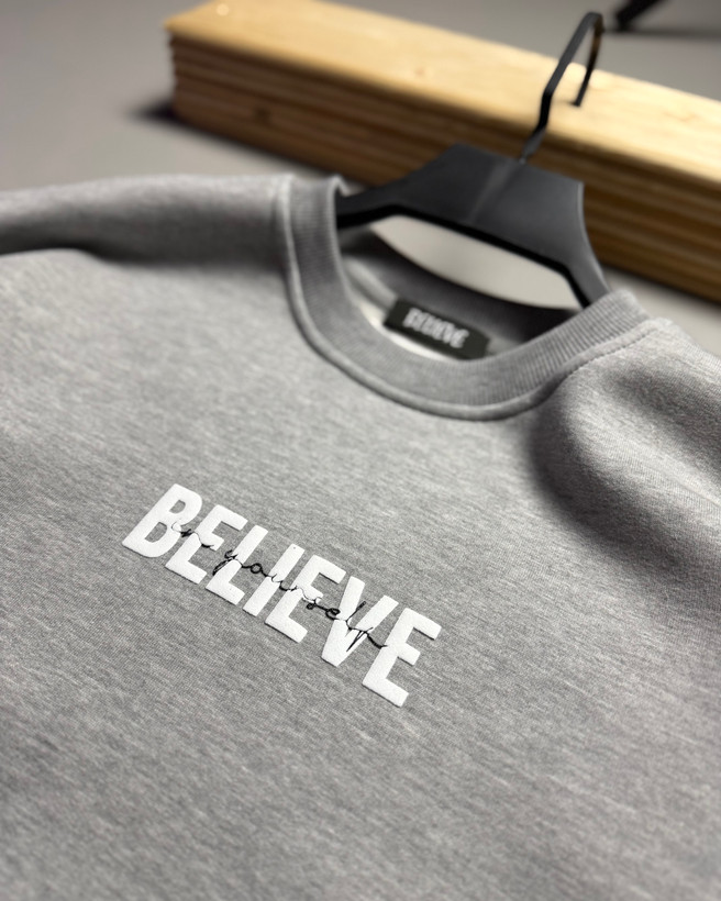 دورس باکسی سه نخ پنبه مدل BELIEVE رنگ طوسی ملانژ کد 413